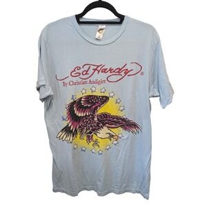 Vintage Y2K Ed Hardy Christian Audigier T-Men's shirt Large Eagle Light Blue USA